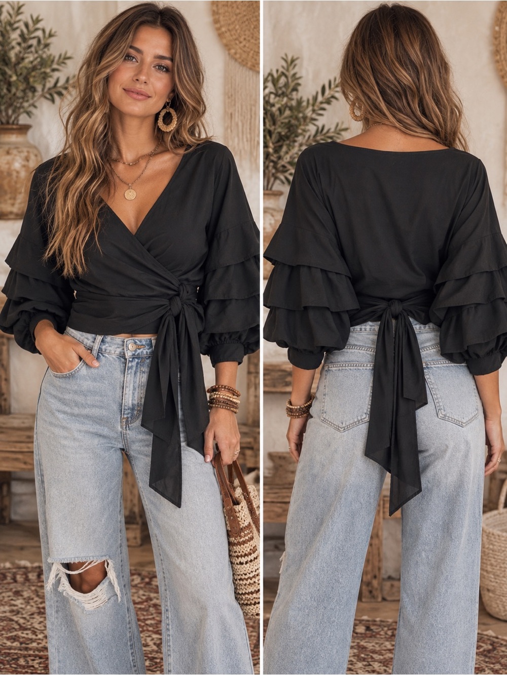 Say What? Black Crossover Waist Tie Ruffle Sleeve Boho Chic Blouse Size M